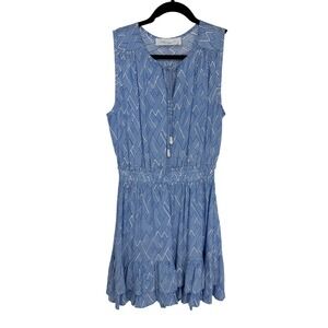 Walker & Wade Dress XS Blue White Geometric Smocked Waist Ruffle Hem Beaded Tie